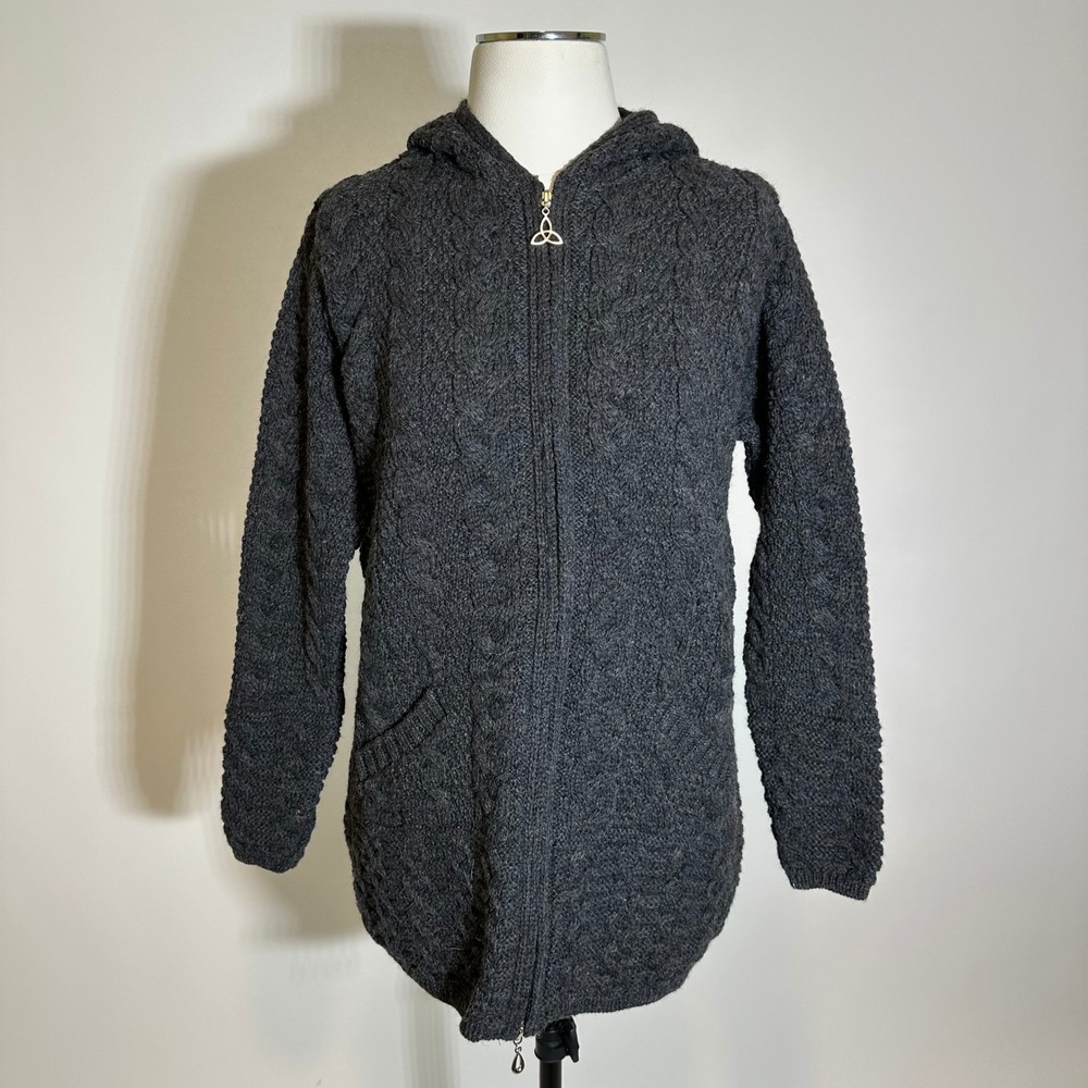 Inis Crafts Ireland Merino Wool Cable Knit Cardigan Sweater Womens Medium Gray